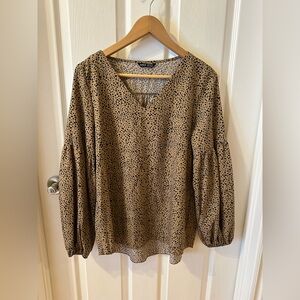 SHEIN Taupe Speckled Balloon-Sleeve V-Neck Blouse